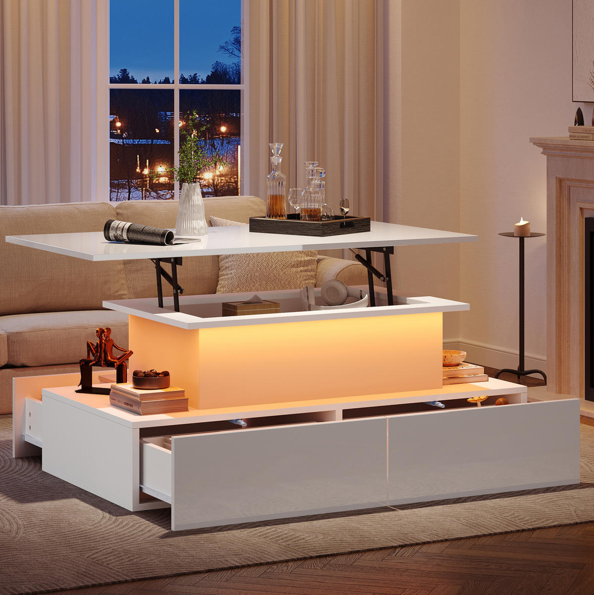 COUCHTISCH 90/55/41 cm Weiß aus Spanplatte mit LED-Beleuchtung und Stauraum - Weiß, Holzwerkstoff (90/55/41cm) - OKMYHOME