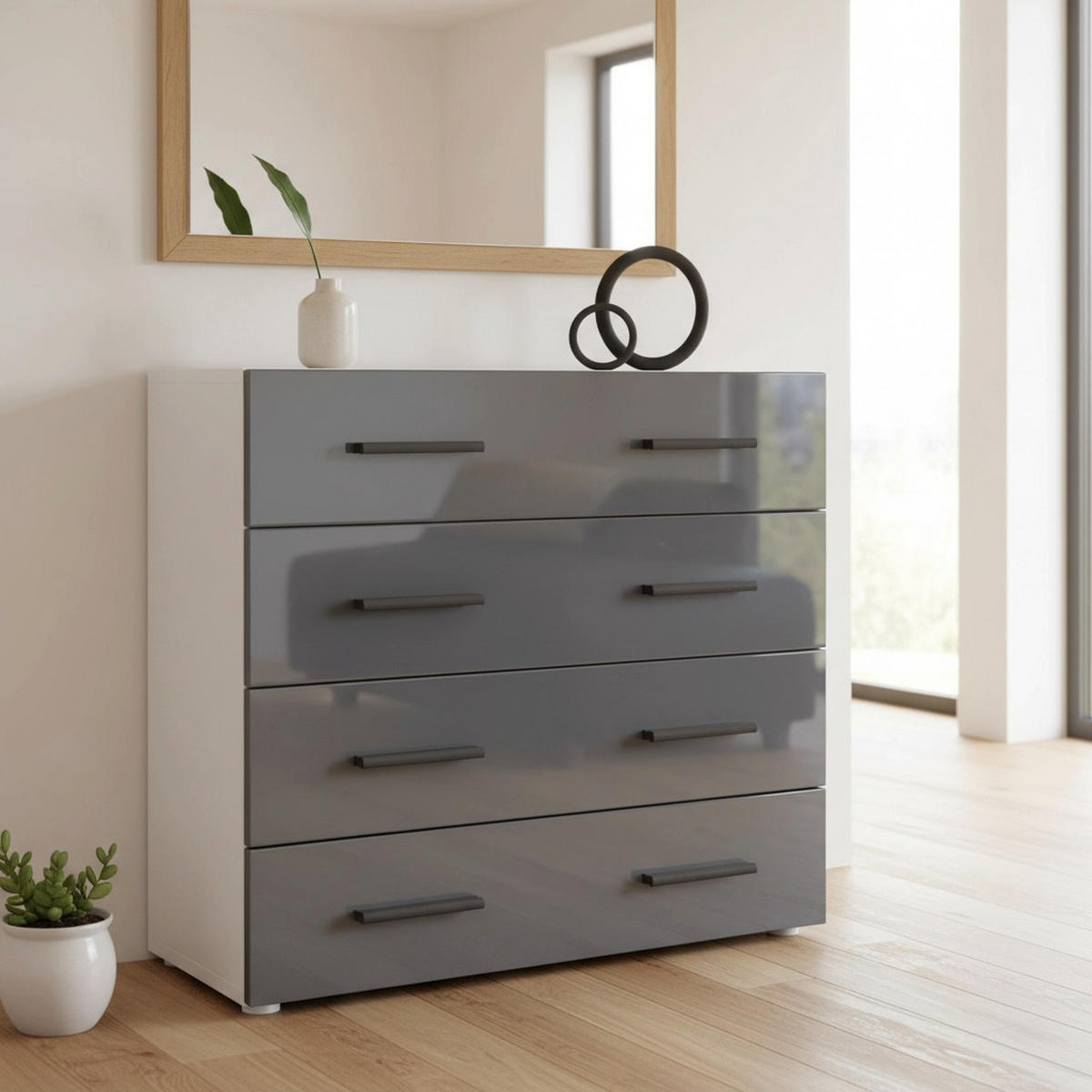 KOMMODE Den, Sideboard mit 4 Schubladen, Made in Germany, Moderner Schrank, Weiß matt / Grau Hochglanz (76 x 72 x 35 cm) - Grau, Holzwerkstoff (76/72/33cm) - InnoFurn