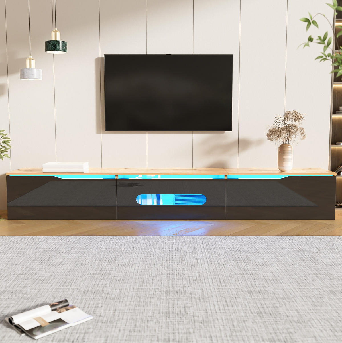 TV ormarić 180/35/30 cm crni u dekoru drva od MDF-a i iverice s LED rasvjetom i tihim zatvaranjem - crna, drvni materijal (180/30/35cm) - OKWISH