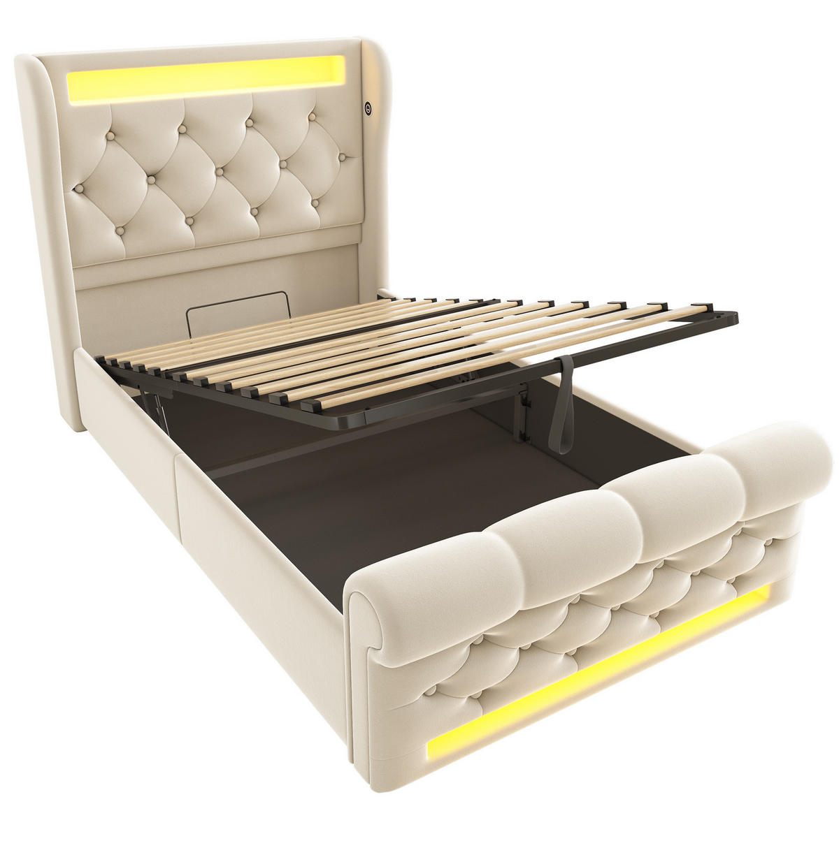 POLSTERBETT mit LED und Stauraum 90x200 cm Samt Beige - Beige, Metall (90/200cm) - Meubliv