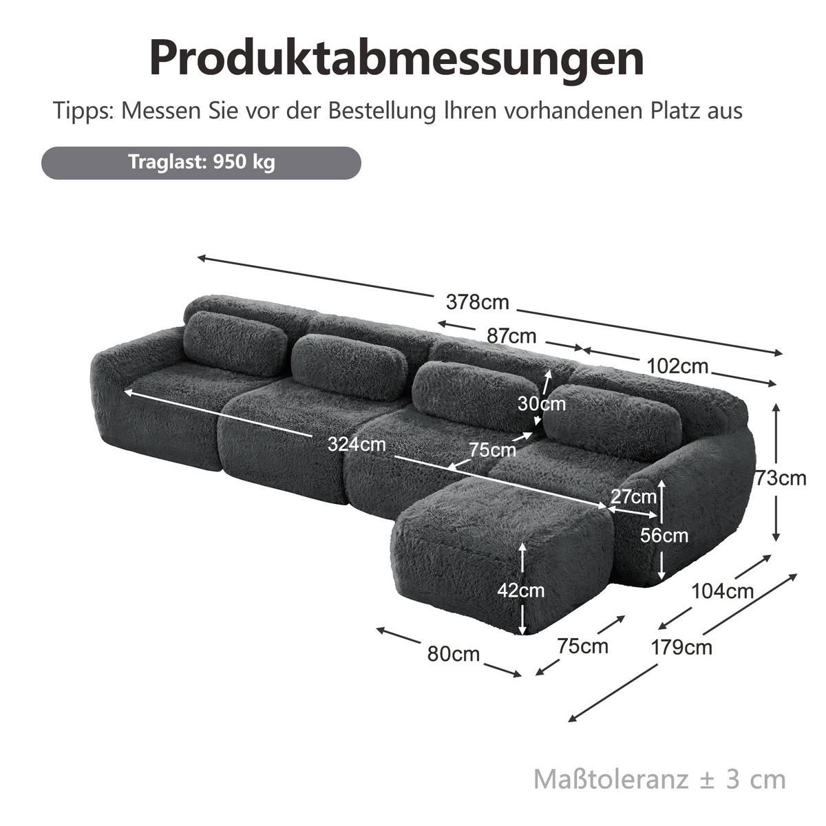 ECKSOFA 378/179/73 cm Grau Plüsch mit 1 Fußhocker und 2 kleinen Dekokissen - Grau, Textil (378/179cm) - Oxeza