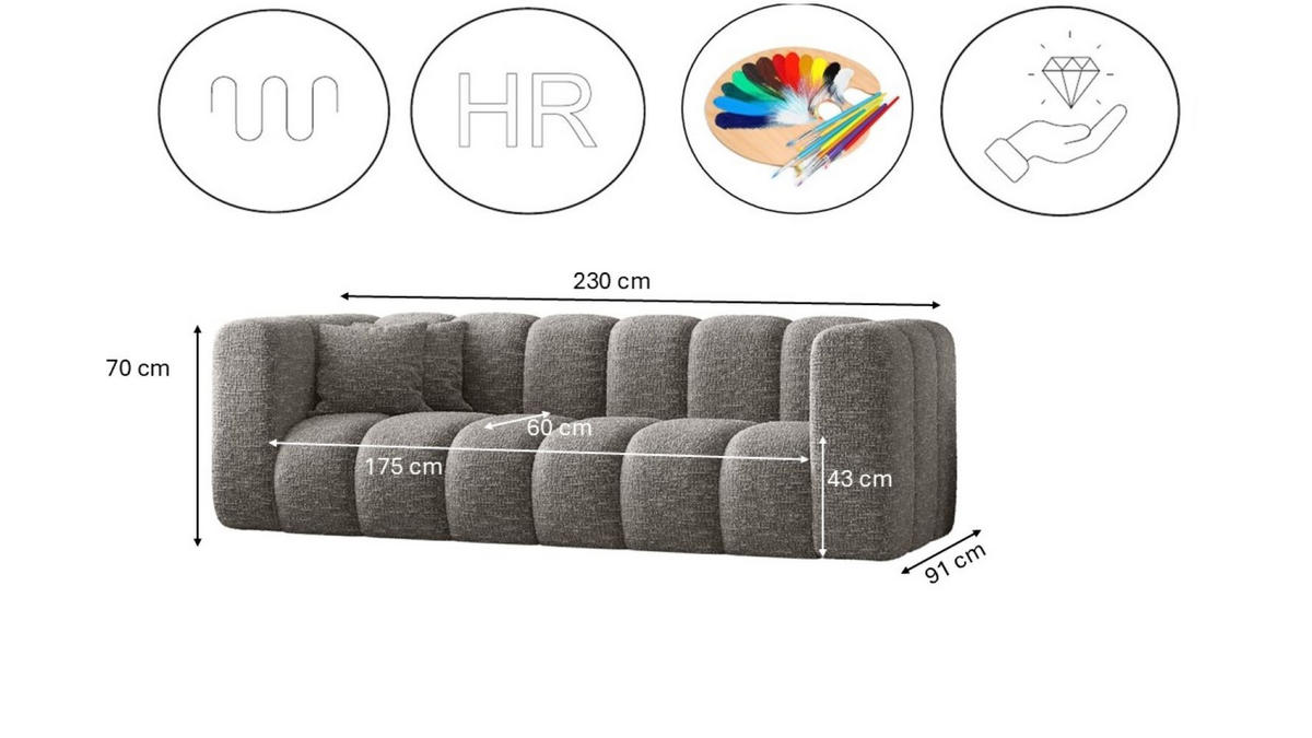 COUCH Dreisitzer-Sofa Grand Modular Stoff Salvador Grau - Grau, Holz (230/70/91cm) - Kaiser Möbel
