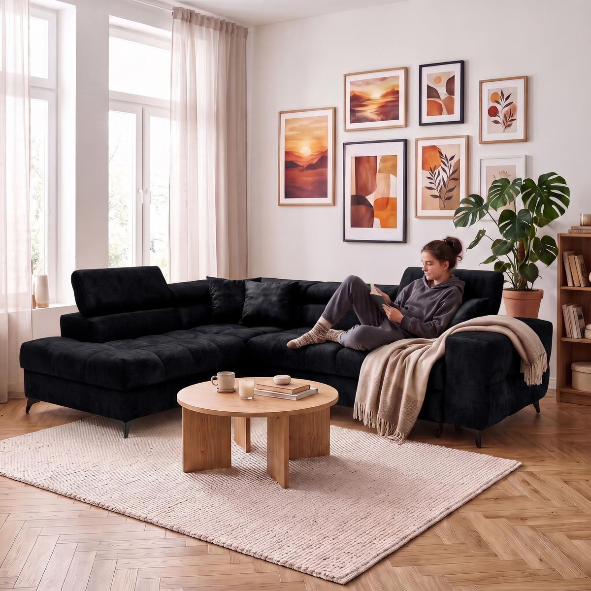 ECKSOFA PUDDING L Links mit Schlaffunktion 128x197 Velours Schwarz - Schwarz, Holz/Textil (270/204cm) - Muffo