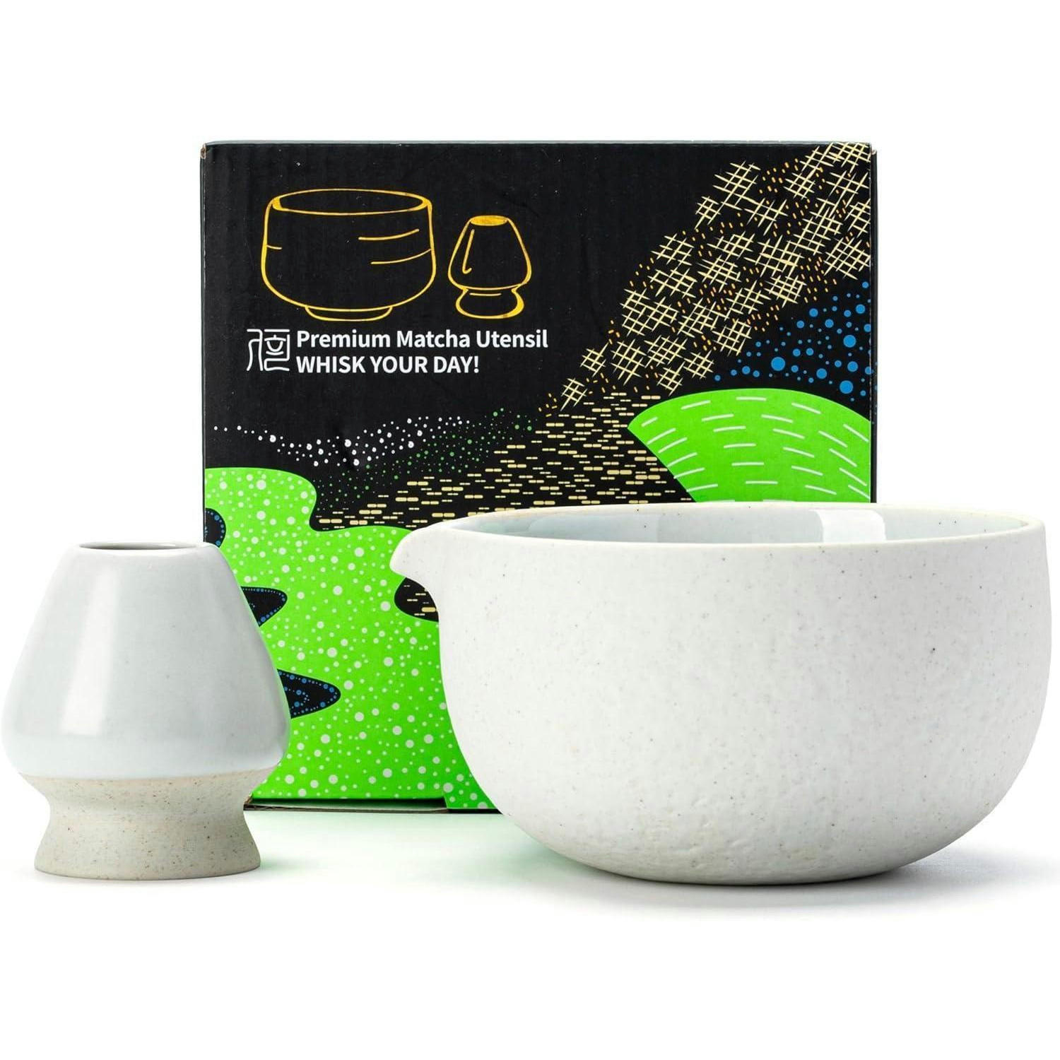 MATCHA-SCHALE mit Schneebesenablage 2-teiliges Set Hellgrau - Weiß, Keramik (14.7/6.4/14.7cm)