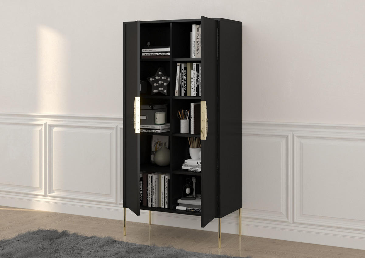 HIGHBOARD Merlin, Schwarz, Goldene Details - Goldfarben/Schwarz, Holzwerkstoff/Metall (80/160/40cm) - Skandica