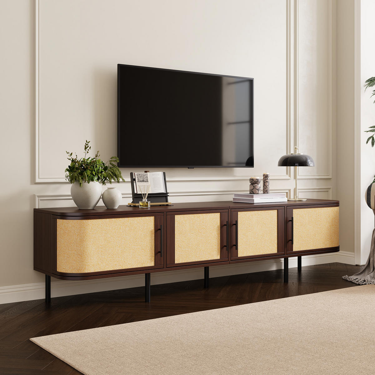 TV-LOWBOARD 180 x 40 x 45 cm aus MDF, Rattanoptik, 4 Türen, Metallfüße, Walnuss - Walnussfarben, Holzwerkstoff (180/45/40cm)