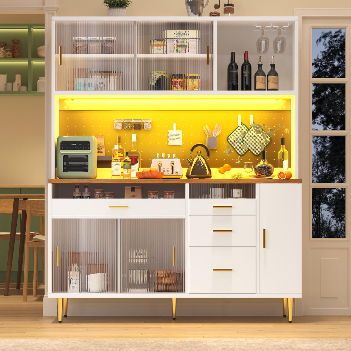 BUFFET 145/171/39 cm Weiß aus Glas und MDF mit LED-Beleuchtung - Weiß, Glas (24/171/145cm) - OKMYHOME