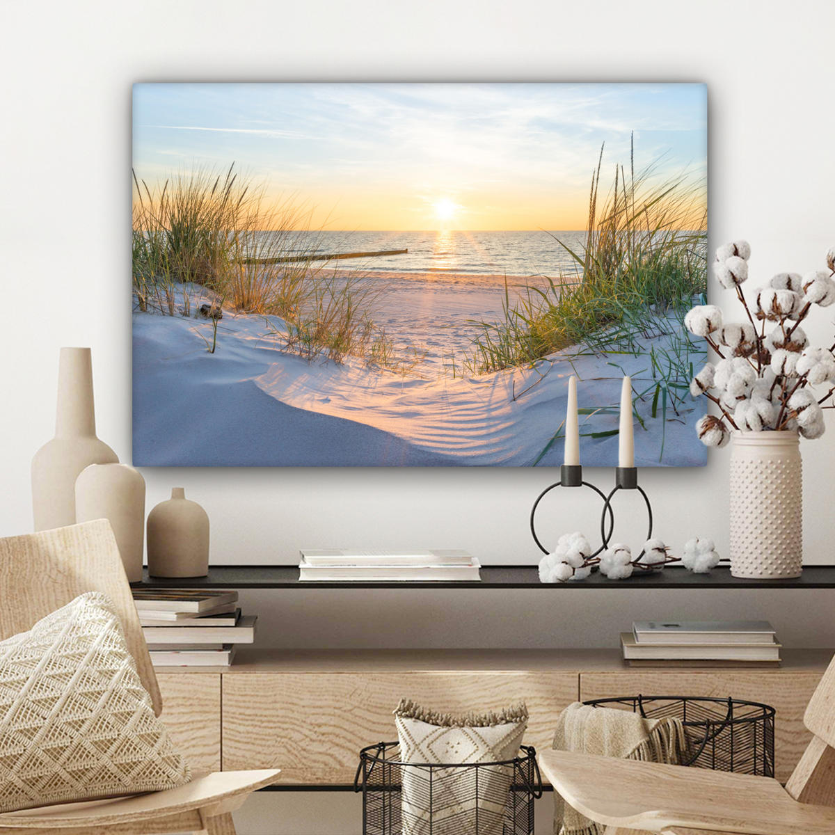 LEINWANDBILD Strand - Sonne - Düne - Gras - Sand - Horizont Gemälde 60x40 cm - Hellblau, Textil (60/40cm) - MuchoWow