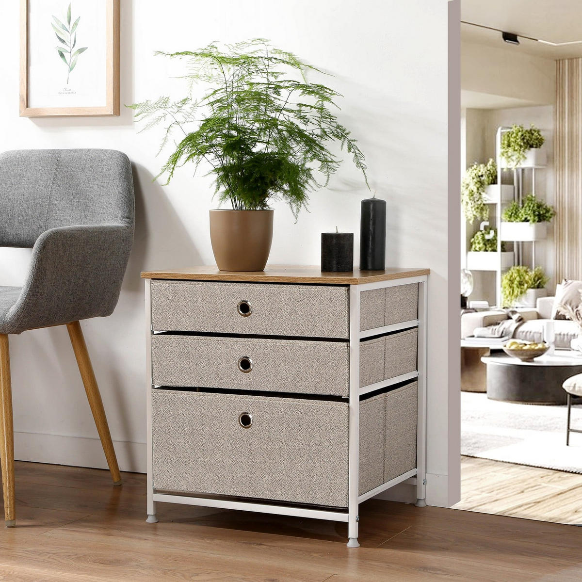 KOMMODE mit 3 Schubladen aus hellem Vliesstoff - L48 cm - Weiß, Holzwerkstoff (40/51/48cm) - Calicosy