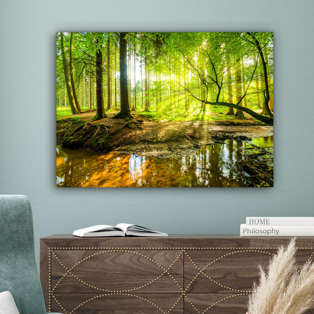 LEINWANDBILD Wald - Landschaft - Wasser - Bäume - Sonne - Grün - Natur Wandbilder 80x60 cm - Grün, Textil (80/60cm) - MuchoWow