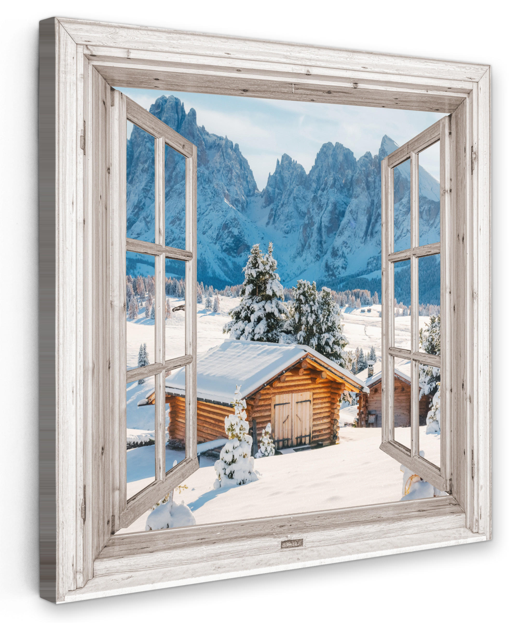 LEINWANDBILD Winterlandschaft - Hütte - Berge - Ausblicke - Aussicht - Natur 50x50 cm - Weiß Hochglanz, Textil (50/50cm) - MuchoWow