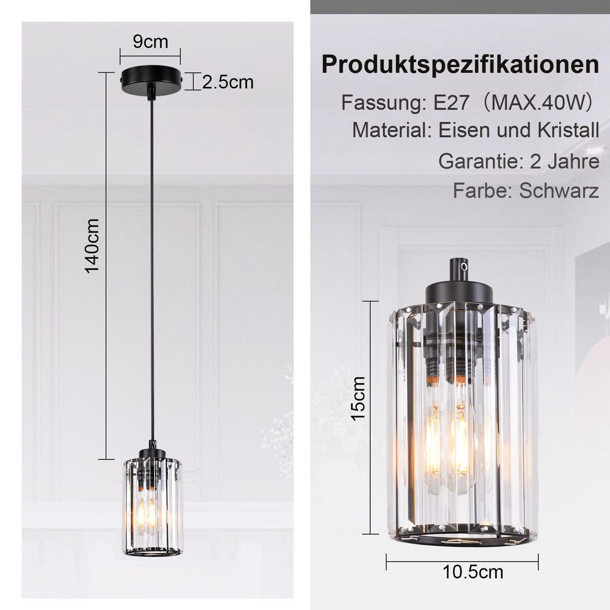 HÄNGELEUCHTE Marklund 9/9/140 cm - Schwarz, Metall (9/9/140cm) - Nettlife