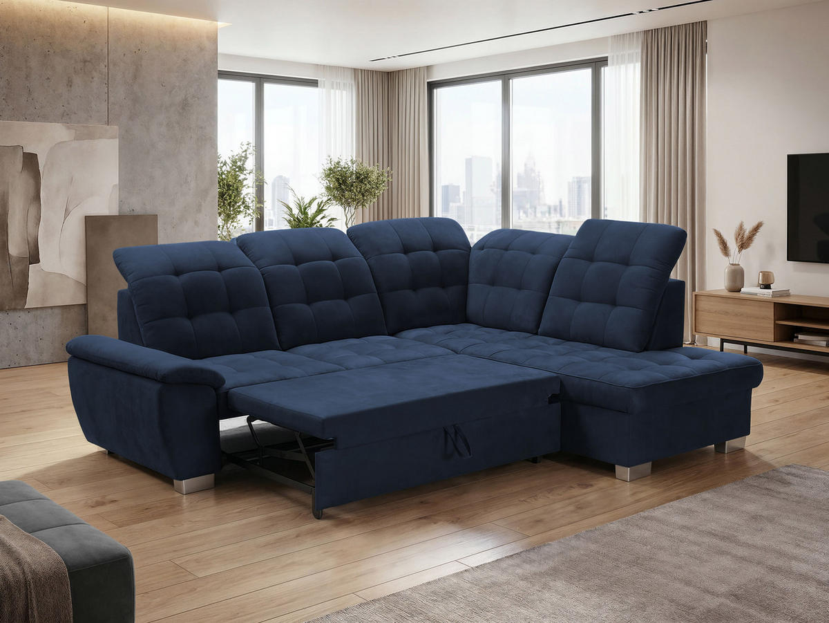 ECKSOFA LENO Rechts, mit Schlaffunktion und Bettkasten, Marineblau - Dunkelblau, Kunststoff/Textil (261/220cm) - Idohome
