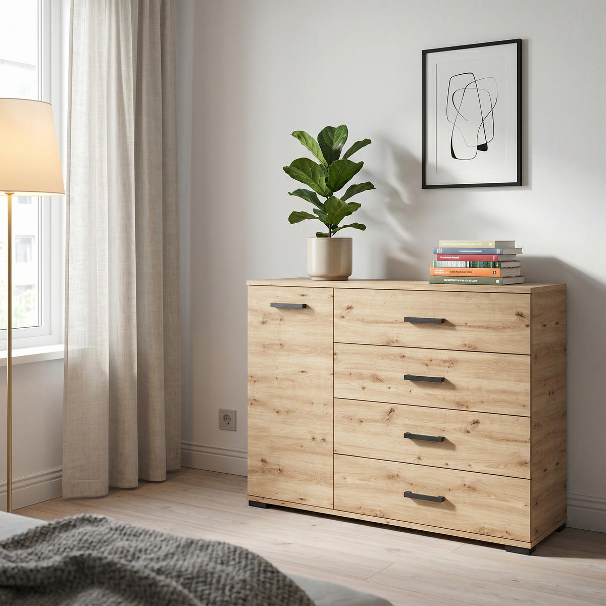 KOMMODE ALBANO 120/83/40cm mit 4 Schubladen 1 Türen Eiche Artisan - Eiche Artisan, Holzwerkstoff (120/83/40cm) - MASSENO
