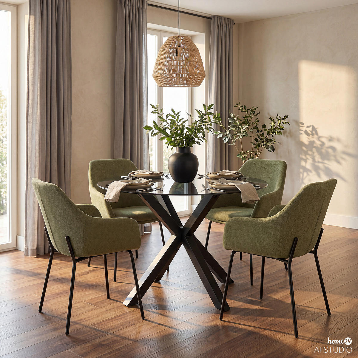 ESSTISCH rund - Glas / Eiche massiv - Eichefarben/Schwarz, Glas/Holz (119/119/76cm) - home24