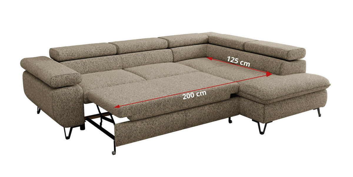 ECKSOFA PABLO L Dunkelbeige Struktur - Rechts Seite mit Visco Topper - Greige/Schwarz, Textil/Metall (273/208cm) - MKS