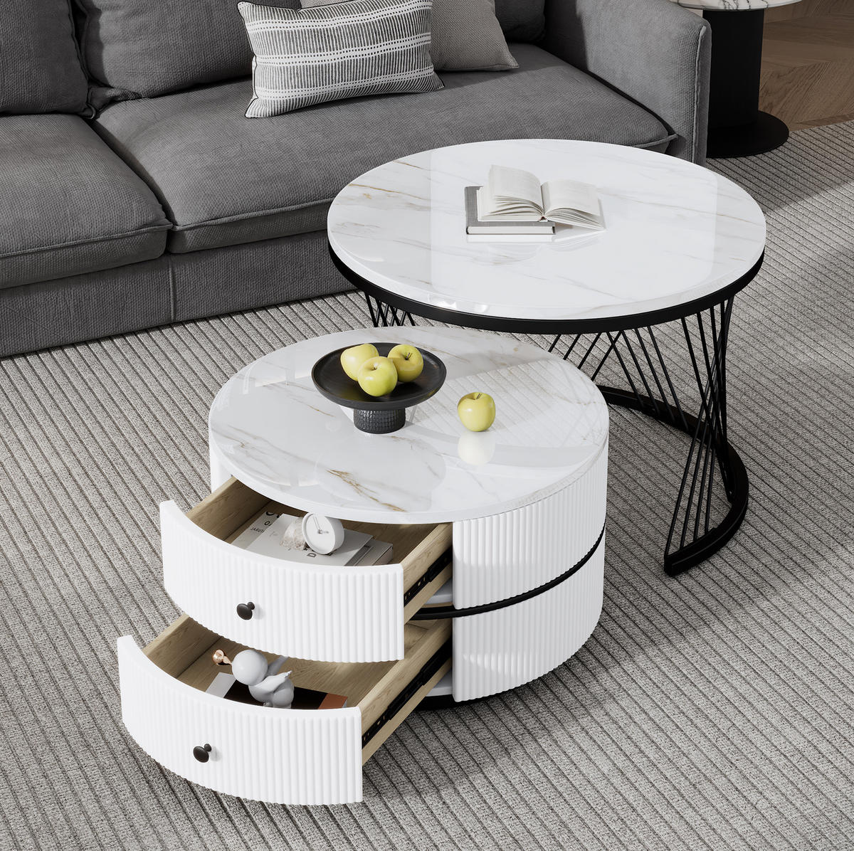 COUCHTISCH-SET aus MDF 60x60x46 und 50x50x31 cm Weiß mit 2 Schubladen - Weiß, Holzwerkstoff (60/46/60cm) - IVMEU