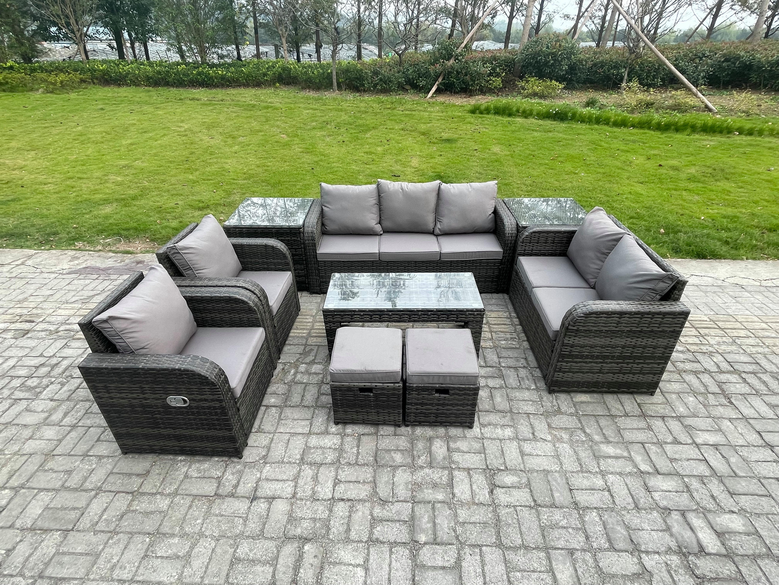 GARTENSOFA SET mit rechteckigem COUCHTISCH Polyrattan 9-Sitzer Dunkelgrau - Dunkelgrau/Grau, Glas/Kunststoff - Fimous