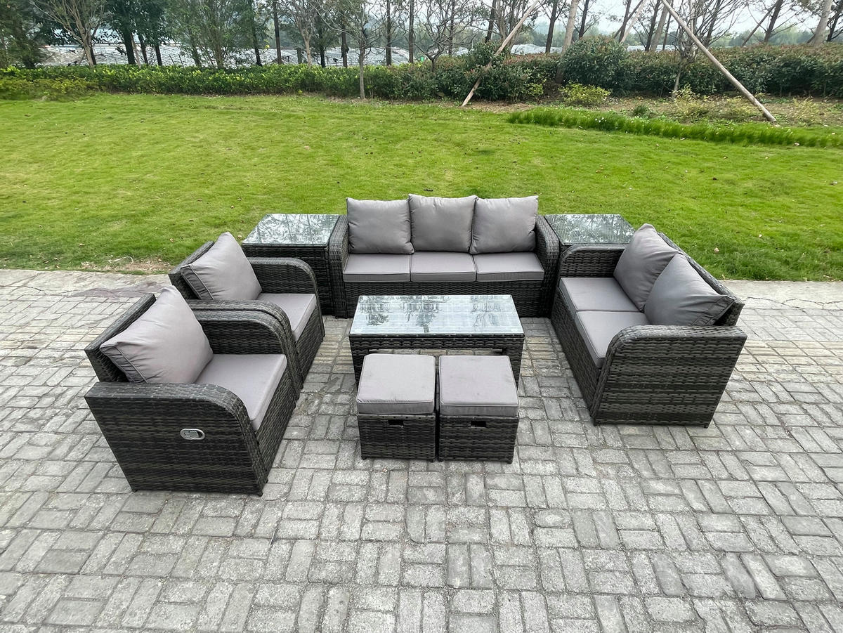 GARTENSOFA SET mit rechteckigem COUCHTISCH Polyrattan 9-Sitzer Dunkelgrau - Dunkelgrau/Grau, Glas/Kunststoff - Fimous