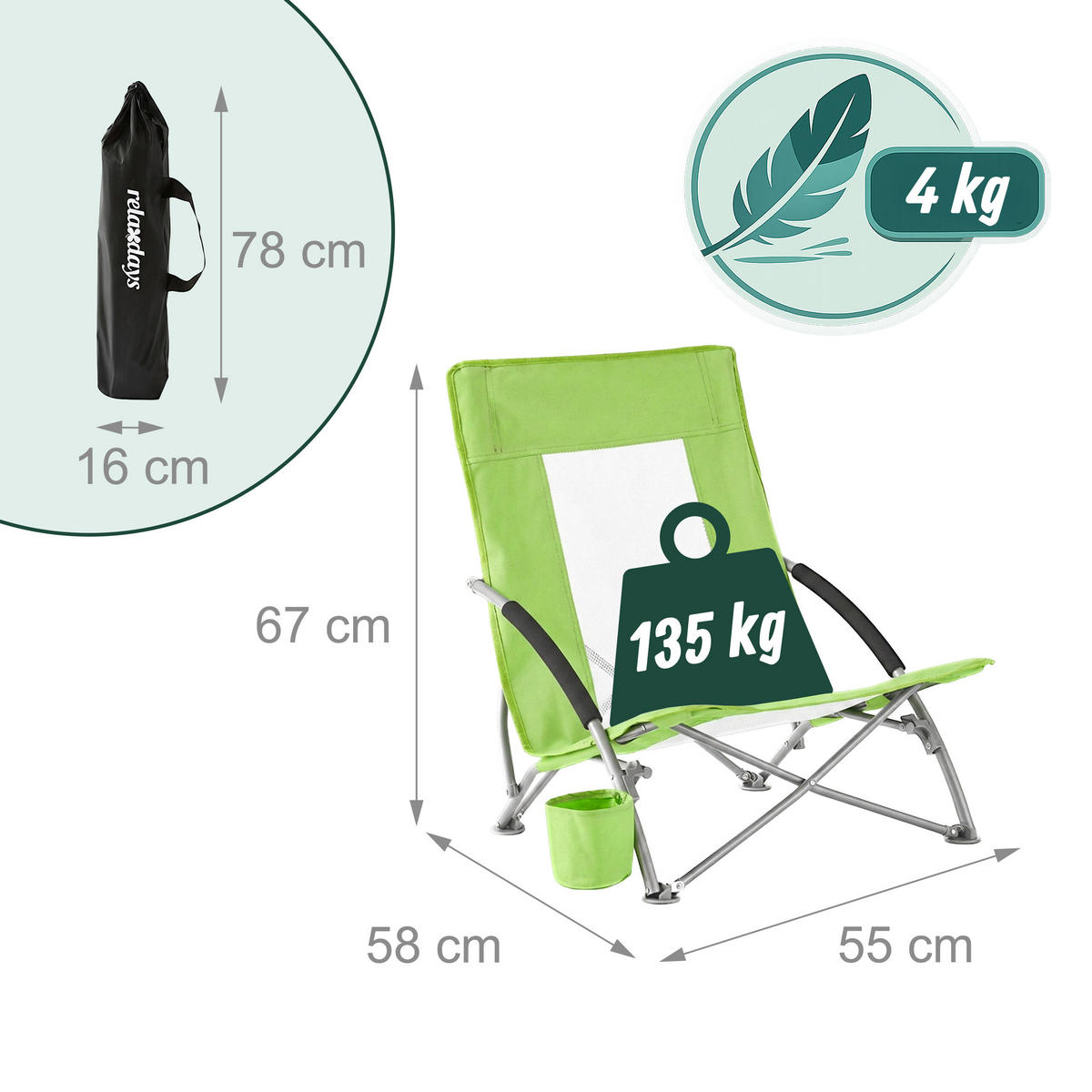 STOLICA - zelena, tekstil/metal (55/67/58cm) - Relaxdays