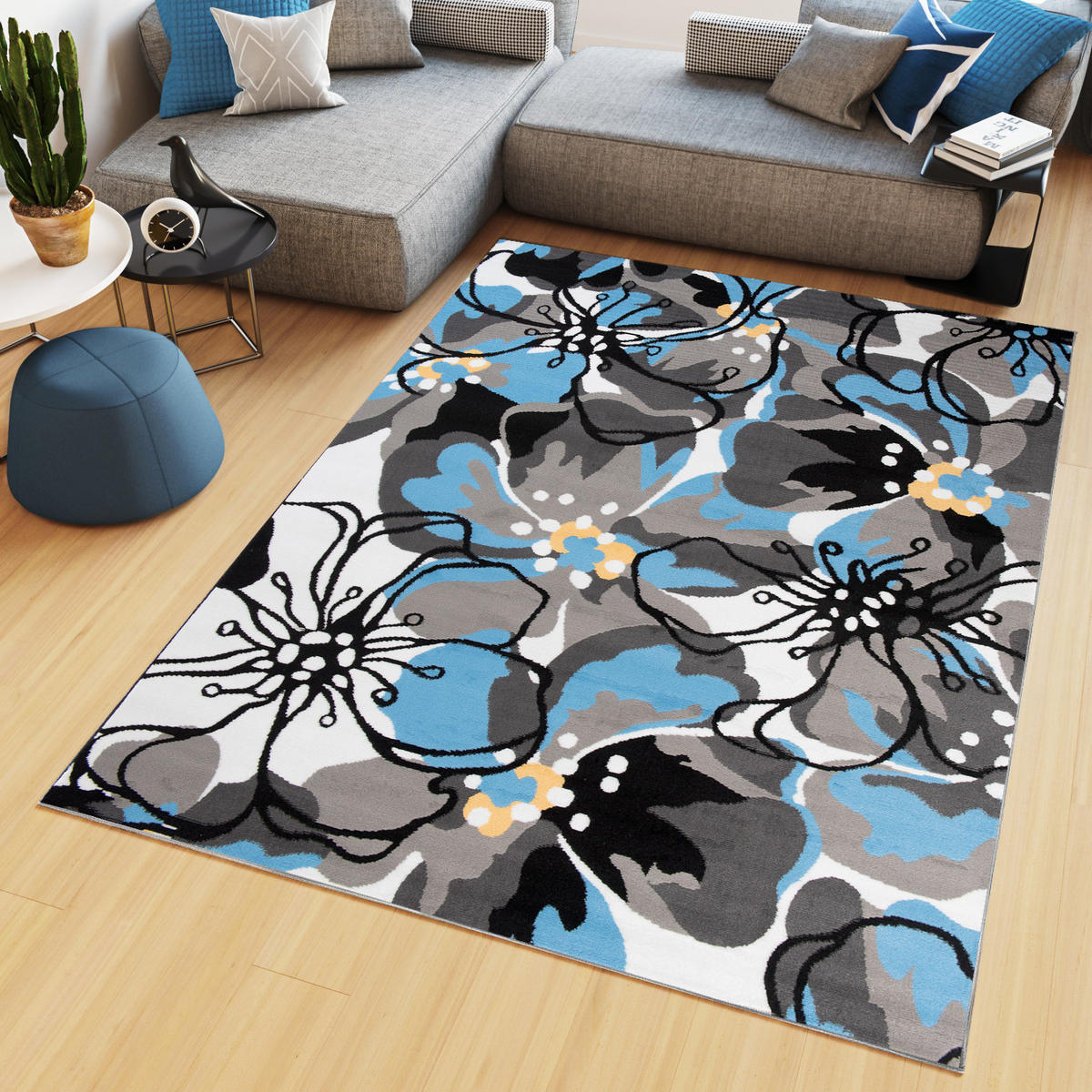 TEPPICH MAYA Blau Floral Blumen 80/150 cm - Blau, Textil (80/150cm) - Tapiso