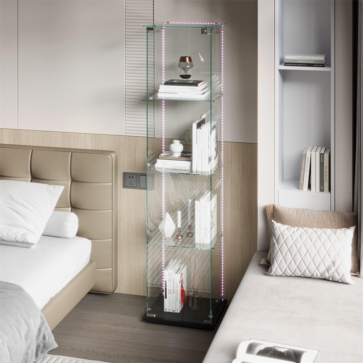 VITRINE - Glasvitrine mit 1 Tür und 4 Ebenen - integrierte LED-Streifen-Beleuchtung - Schwarz - Schwarz, Glas (39.8/163/35cm) - DELFA