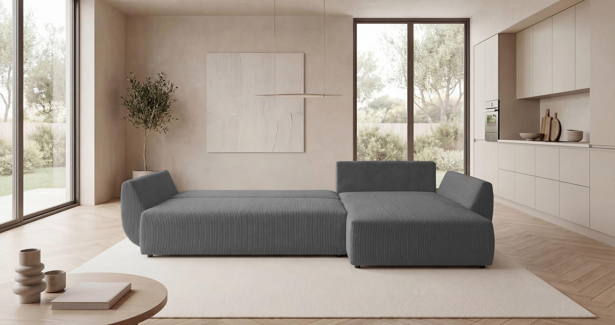 ECKSOFA SYDNEY rechts grau Cord Poso 55 - Schlaffunktion, Bettkasten - Grau, Textil (174/280cm) - Cornero