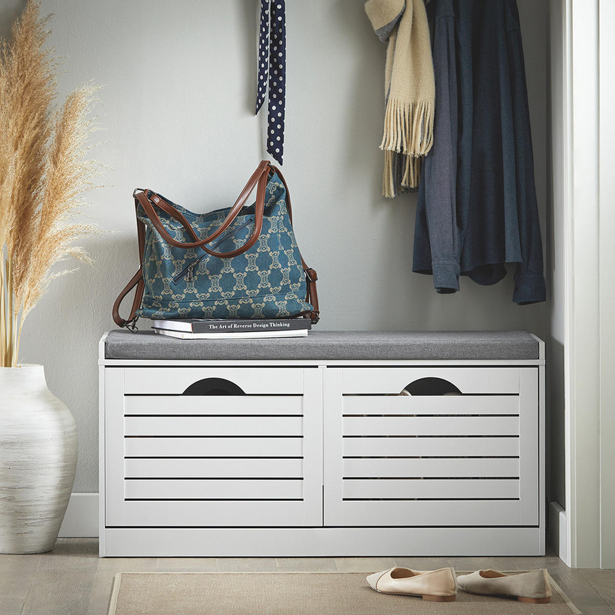 SCHUHBANK mit 2 Türen Weiß 94x30x47cm Modern - Weiß, Holzwerkstoff (30/47/94cm) - SoBuy