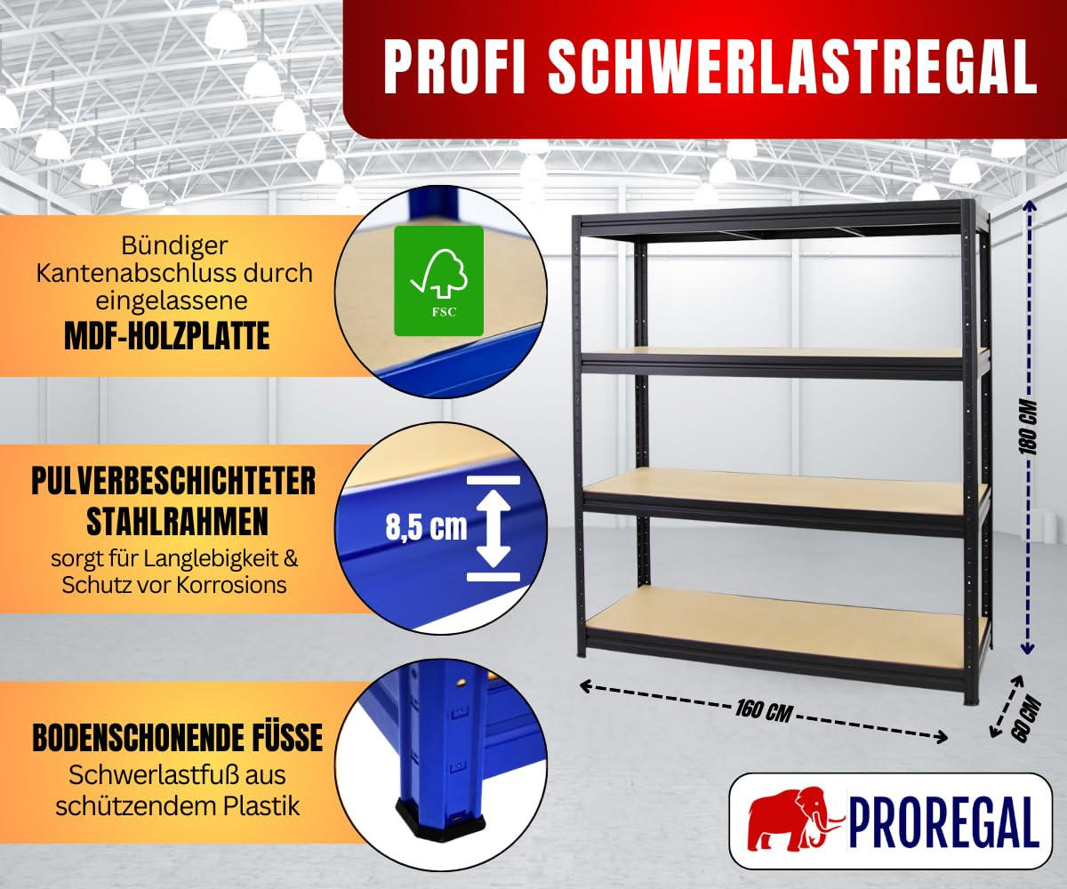 SCHWERLASTREGAL Dino 180x160x60 cm Fachlast 600 kg Schwarz - Schwarz, Metall (160/180/60cm) - PROREGAL