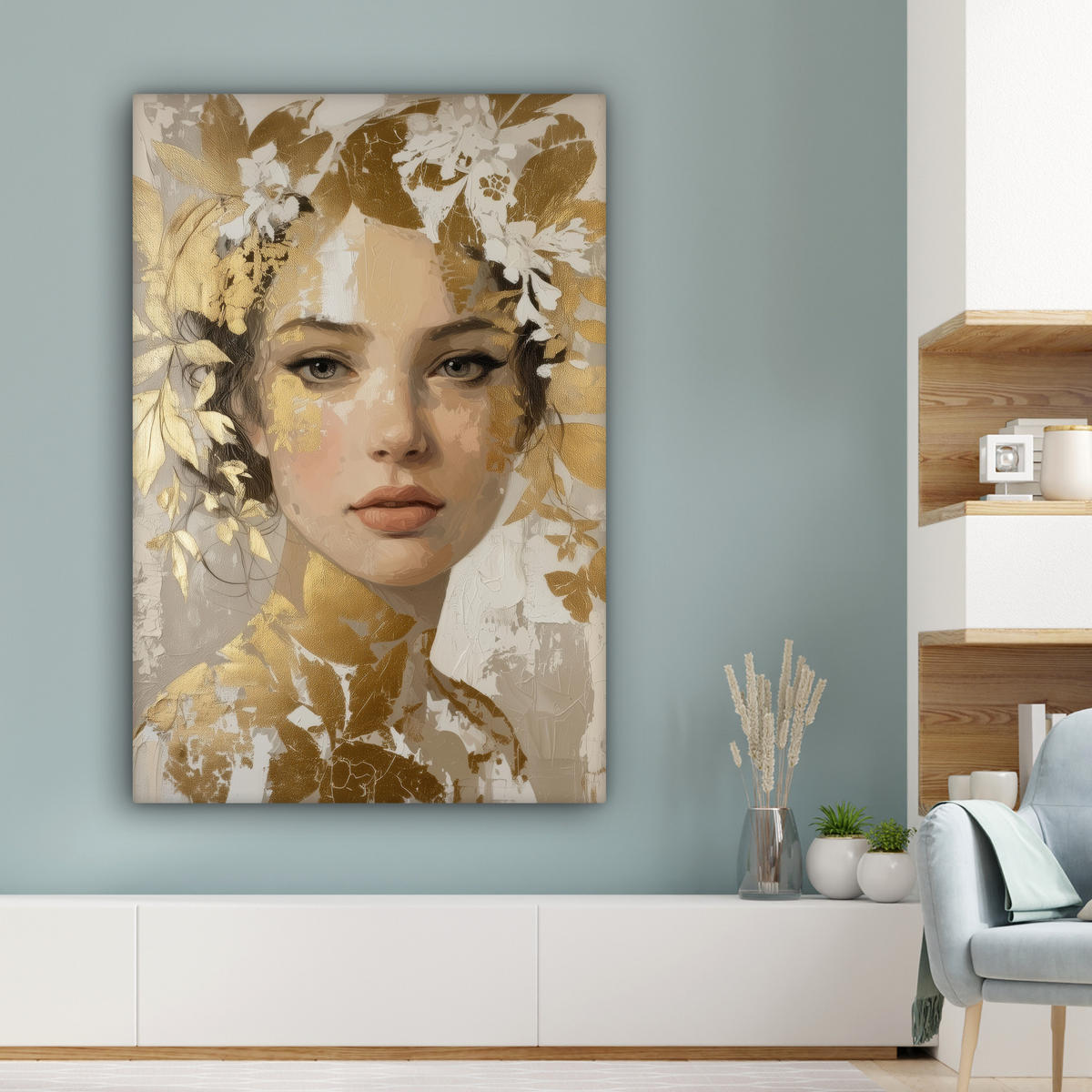 LEINWANDBILD Gesicht - Frau - Blätter - Gold Deko XXL 80x120 cm - Beige, Textil (80/120cm) - MuchoWow