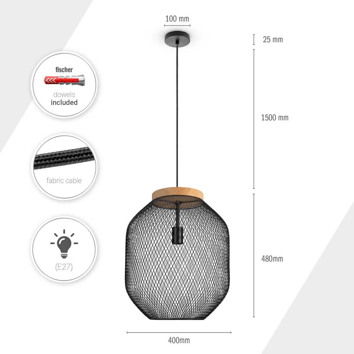PENDELLEUCHTE Trapu L - Schwarz, Metall (40/40/48cm) - Paco Home