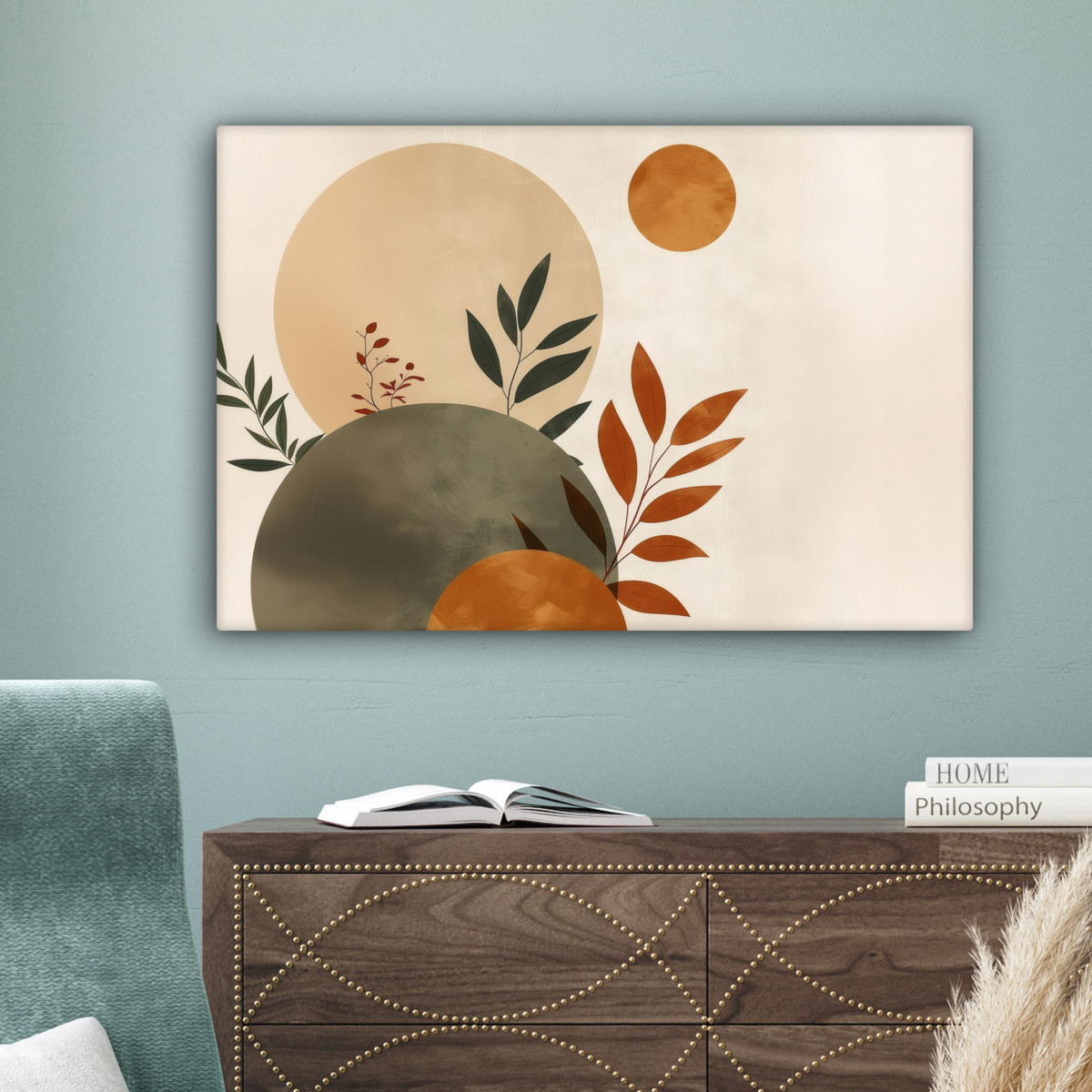 LEINWANDBILD Formen - Rund - Blätter - Beige Wanddeko 90x60 cm - Rostfarben, Textil (90/60cm) - MuchoWow