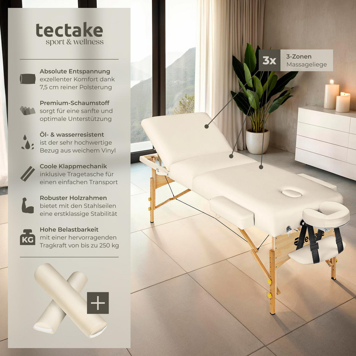 MASSAGELIEGE-SET 3 Zonen Somwang,218 x 102 x 90 cm,beige - Beige, Textil (108/90/218cm) - tectake