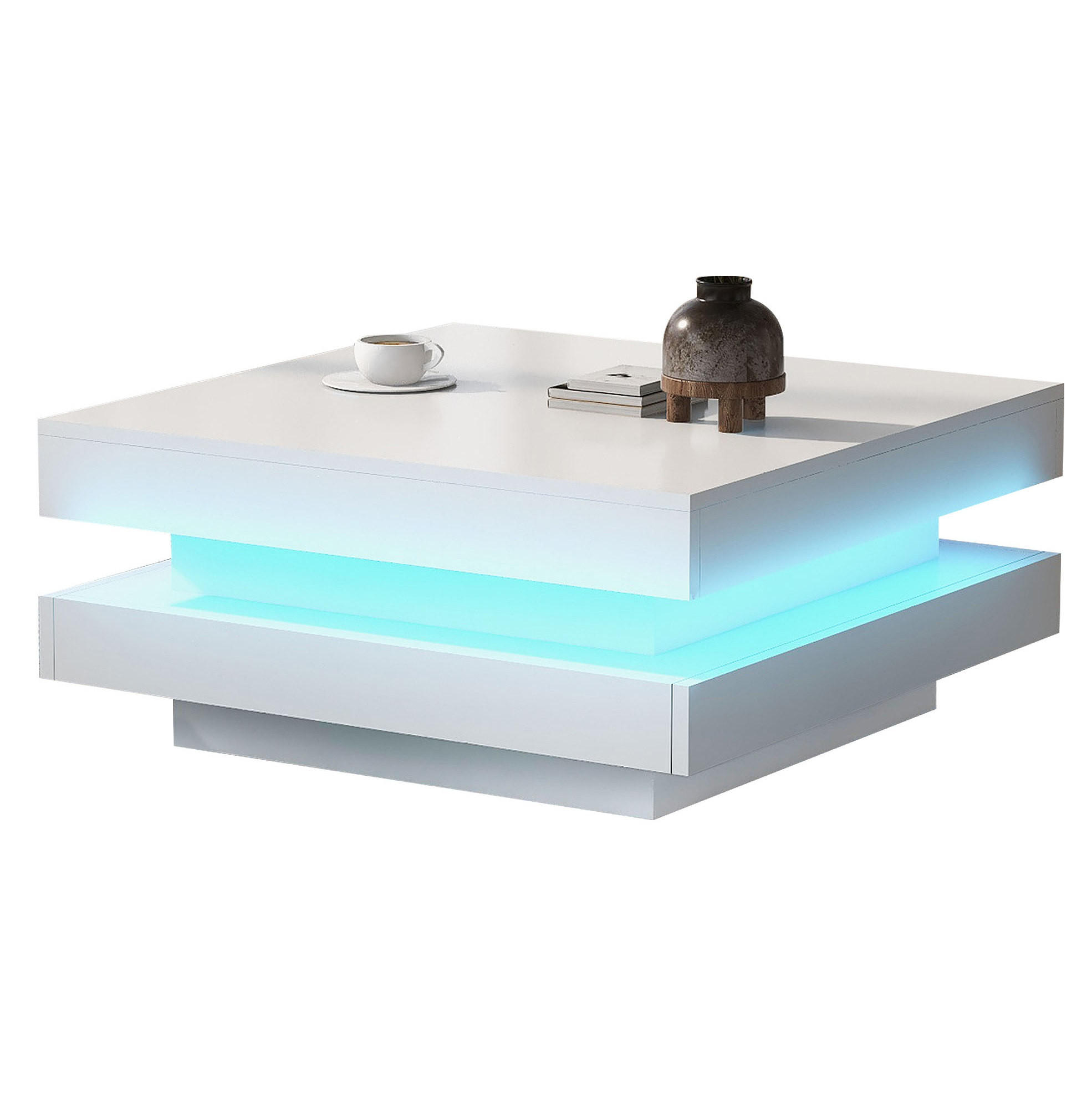 COUCHTISCH mit drehbarer Tischplatte 70x70 cm Hochglanz Weiß mit LED - Weiß, Holzwerkstoff (70/70/36cm) - Meubliv
