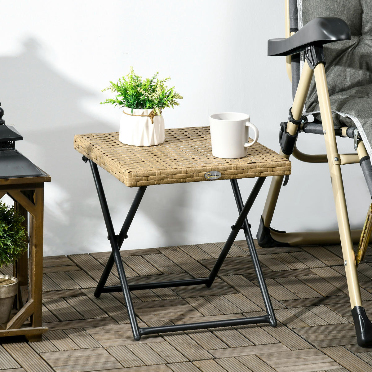 GARTENKLAPPTISCH, Naturholz, Stahl, PE-Rattan - Naturfarben, Kunststoff (40/40/40cm) - Outsunny