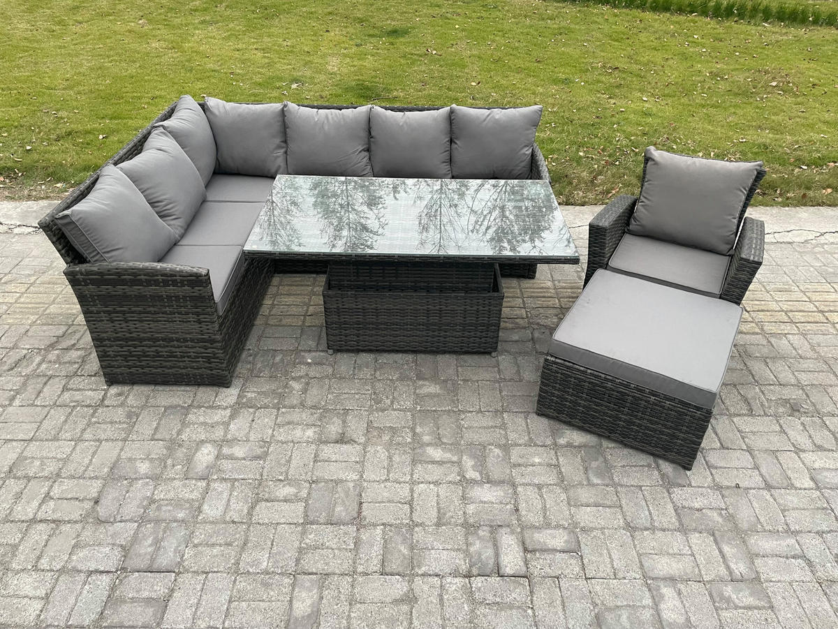 GARTENSET mit Höhenverstellbarer Tisch, Fußhocker, Stuhl Polyrattan Dunkelgrau 8-Sitzer - Dunkelgrau/Grau, Glas/Kunststoff - Fimous