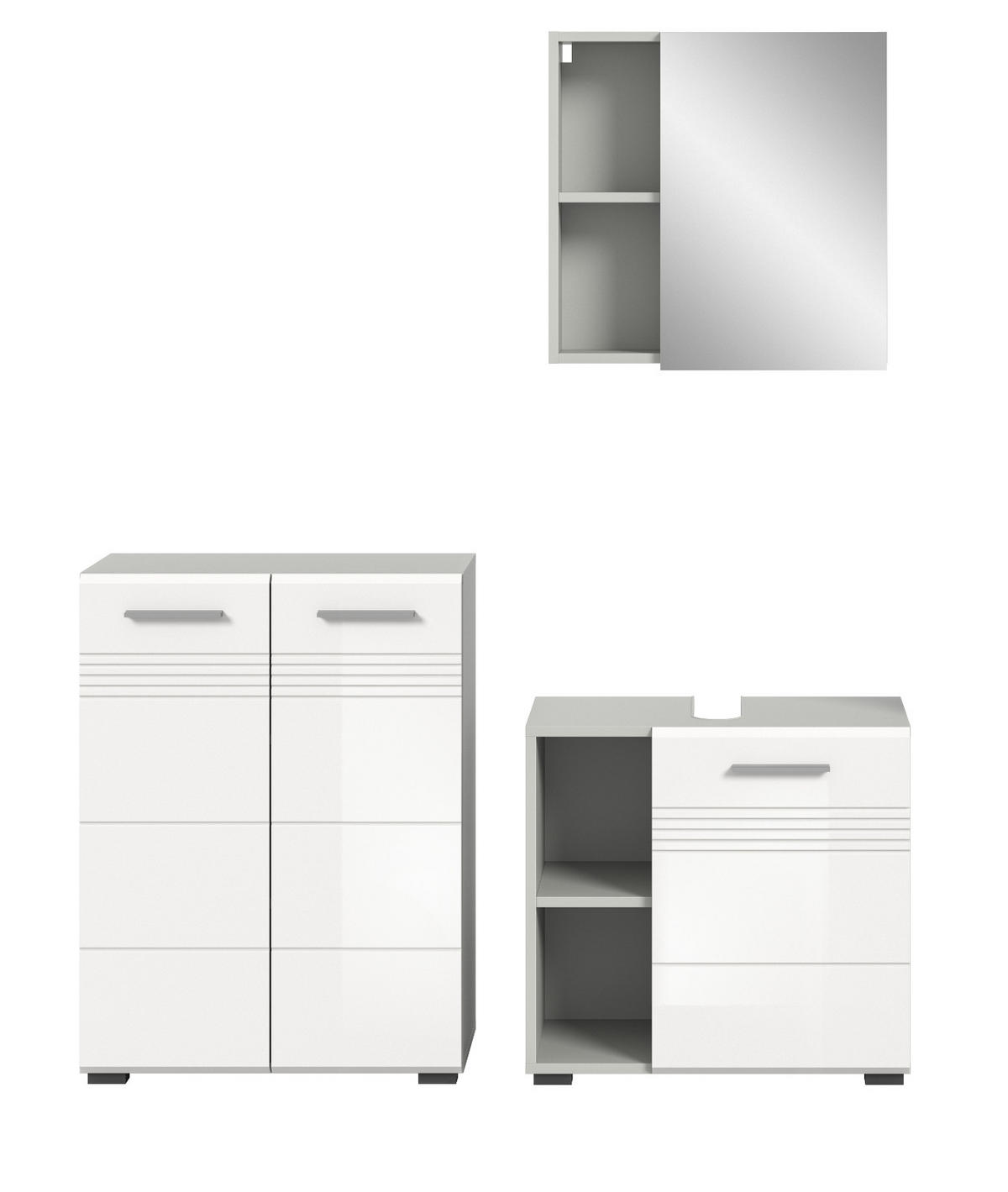 BADMÖBEL-SET 3-teilig weiß Hochglanz, grau 135 cm, Komplettset mit Soft-Close - Weiß Hochglanz/Grau, Glas/Holzwerkstoff (135/190/32cm) - Inn.Furn