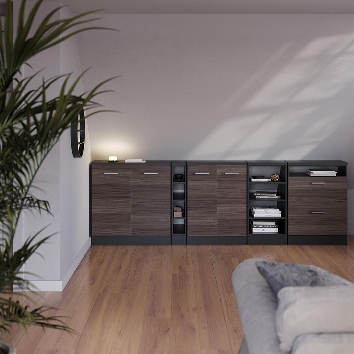 KUHINJSKI ORMAR ZA KOSINE KROVA R-Line Plemenita Siva 210 cm Set od 5 ormarićnih korpusa, dubina 60 cm - siva/antracit, drvni materijal (210/83.8/60cm) - Vicco