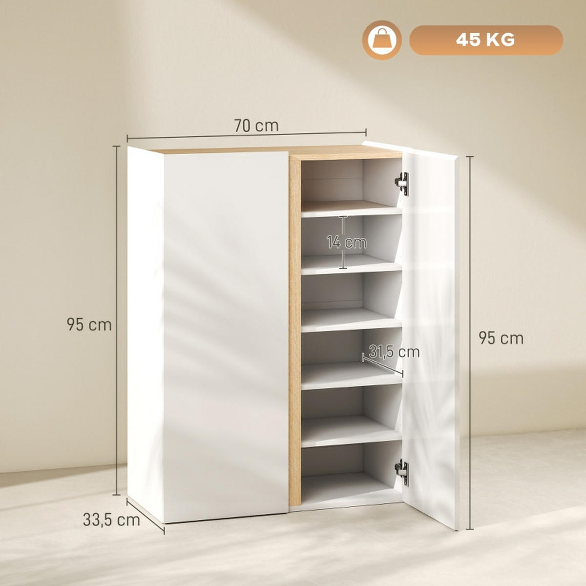 SCHUHSCHRANK 70/35/95 cm weiß aus Holz mit Soft-Close-Türen und verstellbaren Regalböden - Weiß, Holz (70/95/35cm) - OKWISH