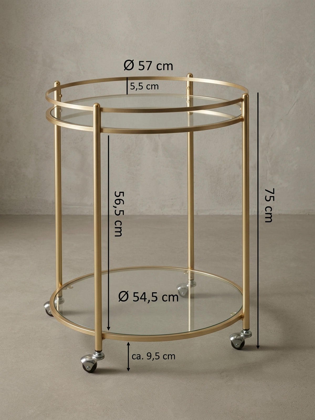 SERVIERWAGEN – Gold, Sicherheitsglas, auf Rollen - Goldfarben, Glas/Metall (57/75/57cm) - KADIMA DESIGN