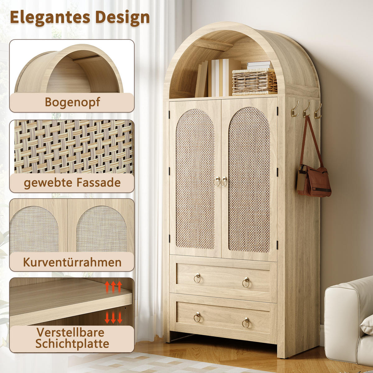 SIDEBOARD Korbgeflecht Bogenstil 2 Schubladen Vintage Wohn Schlafzimmer - Eichefarben, Holzwerkstoff (80/180/40cm) - FLIEKS