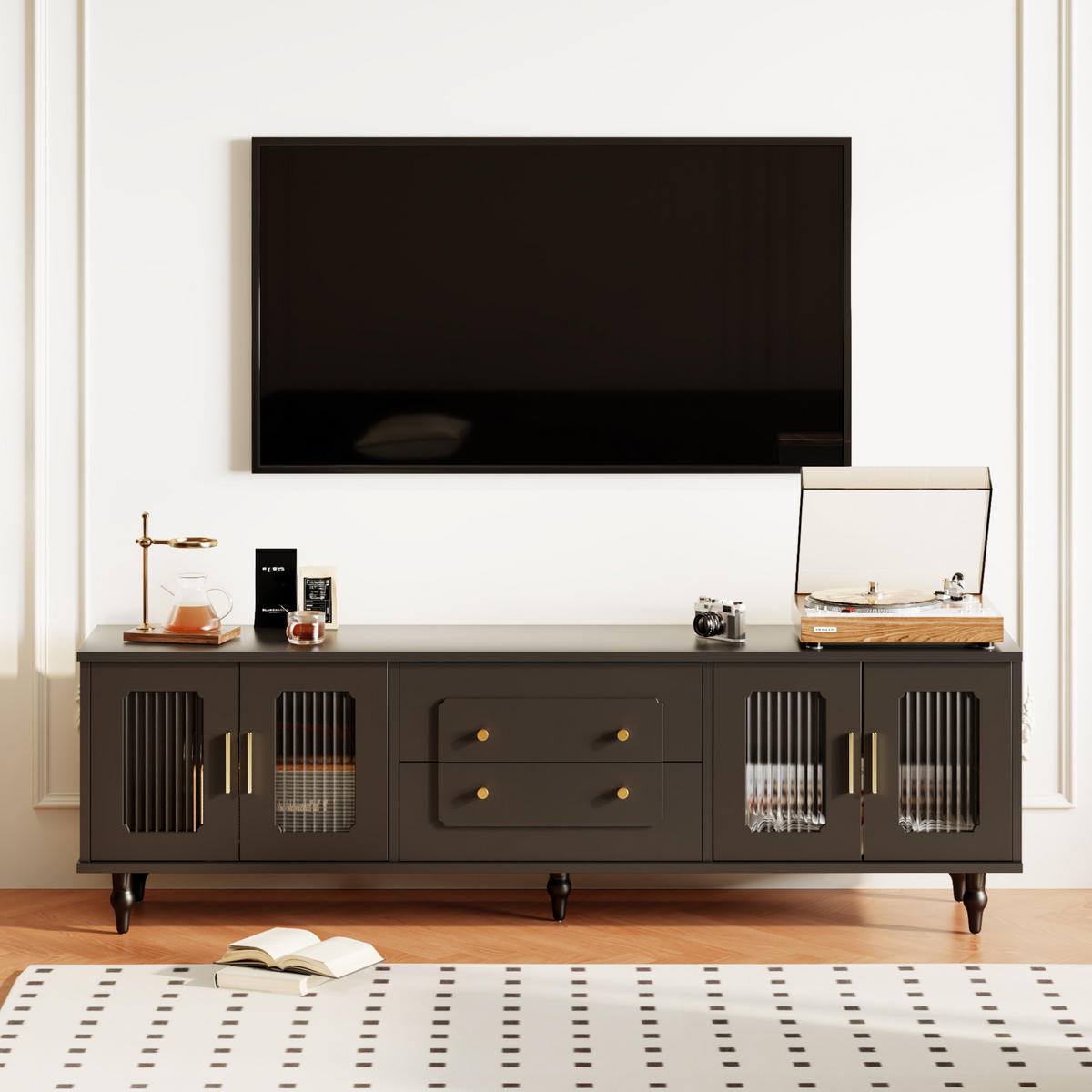 TV-MÖBEL mit Glastüren und Schubladen 177 x 38 x 55,5 cm Schwarz - Schwarz, Holzwerkstoff (38/55.5/175cm) - Beauniv