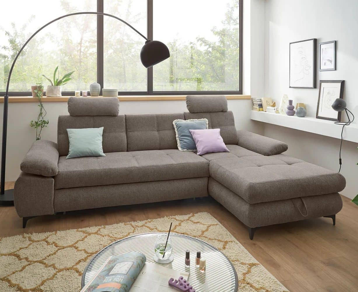 ECKSOFA mit Schlaffunktion und Bettkasten - Schwarz/Braun, Kunststoff/Textil (177/274cm) - ed exciting design