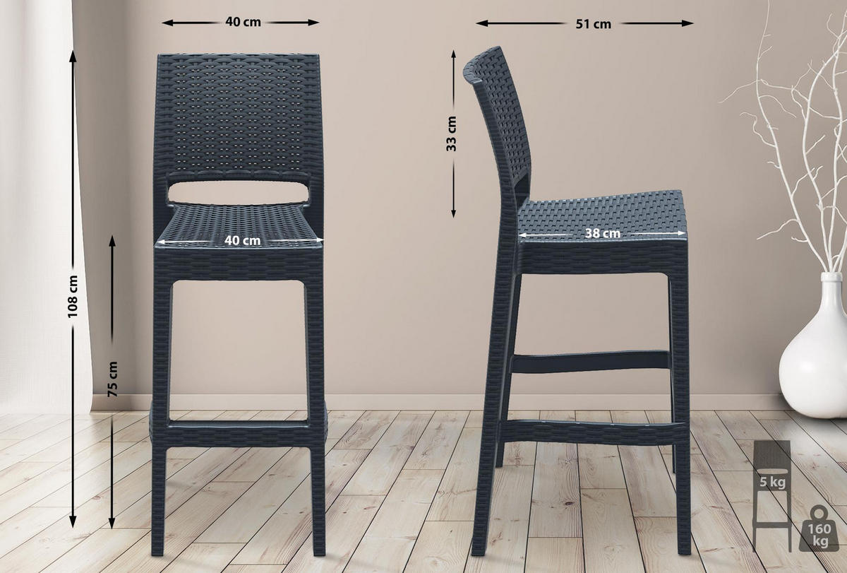 BARHOCKER 2er Set Kunststoff dunkelgrau - Dunkelgrau/Grau, Kunststoff (40/108/51cm) - CLP