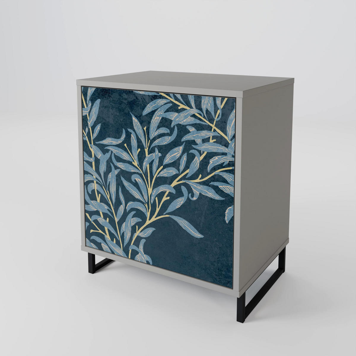 SIDEBOARD BLUE LEAVES, Grau, 57,5x42x72,5 cm, Schwarze Metallfüße - Multicolor/Schwarz, Holzwerkstoff/Metall (57.5/72.5/42cm) - SpaceRebels