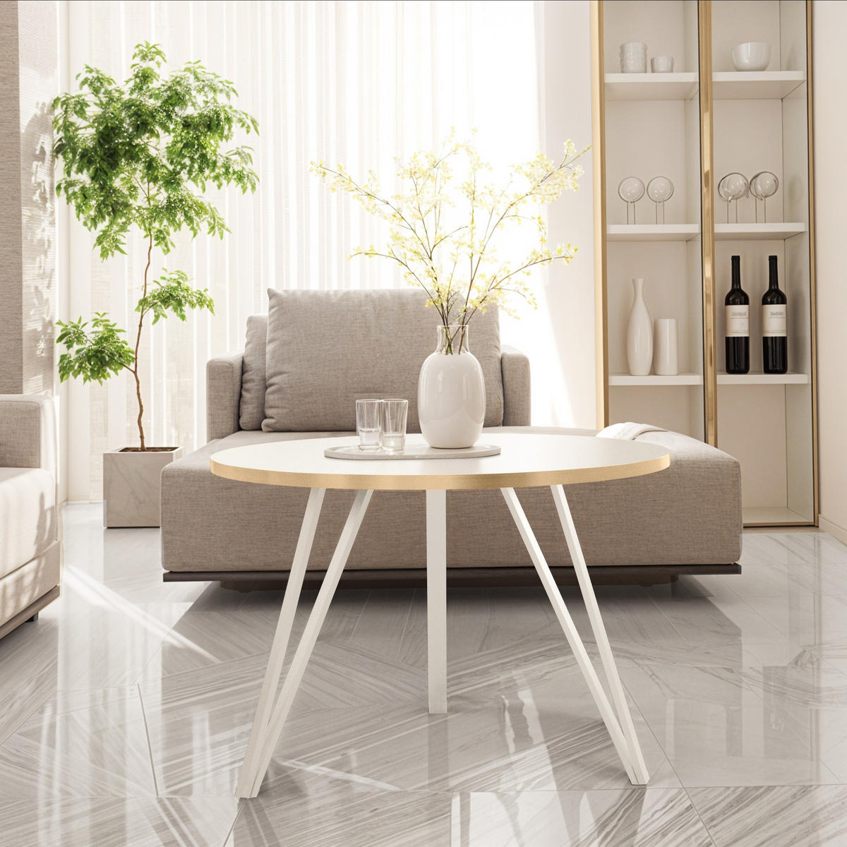 COUCHTISCH Linea Weiß mit Goldrand, Weiße Beine - Goldfarben/Weiß, Holzwerkstoff/Metall (67/67/45cm) - Bettso