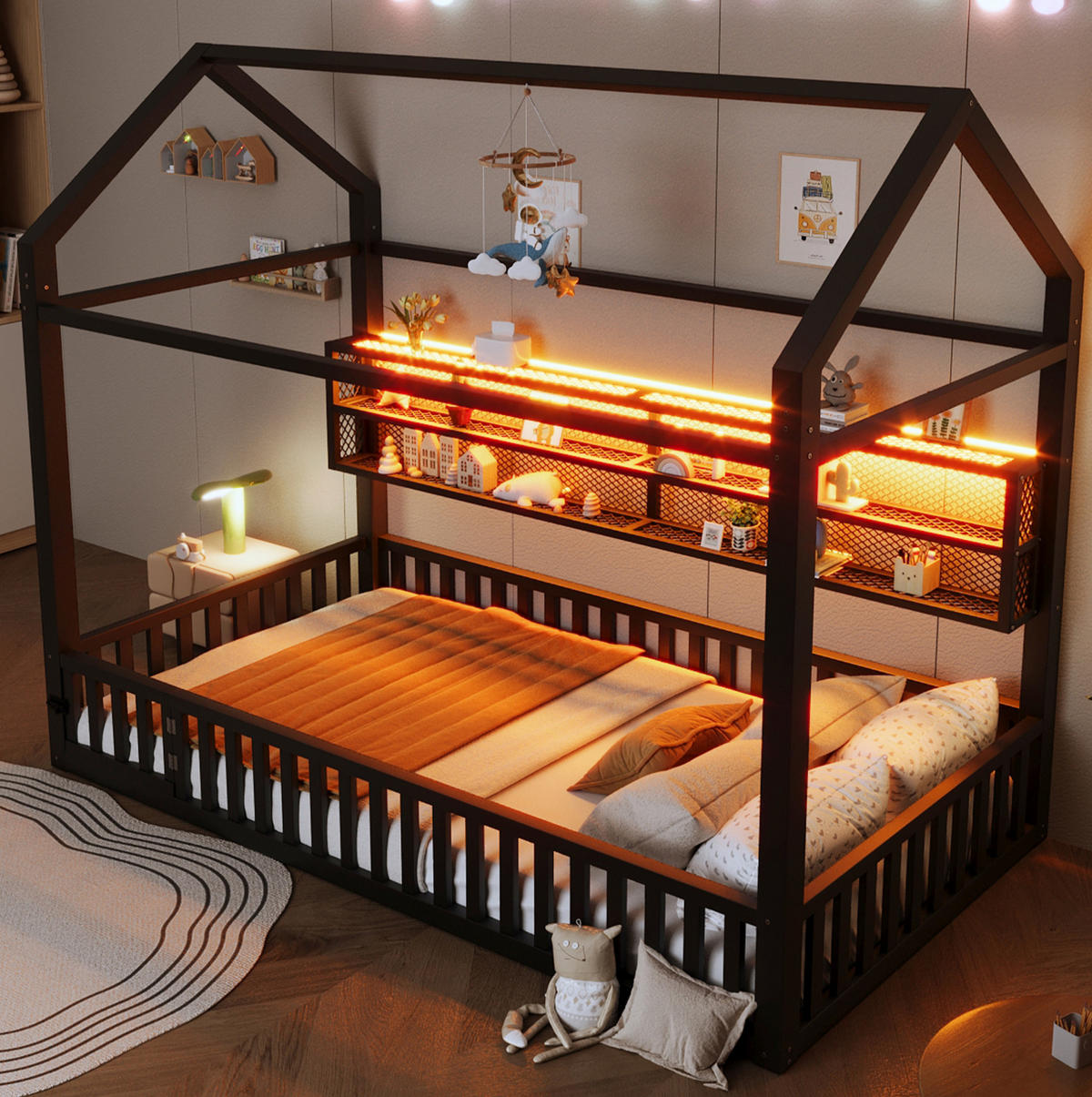 KINDERBETT 90/200 cm aus Metall mit Sicherheitszaun und LED-Beleuchtung, Schwarz - Schwarz, Metall (90/200cm) - Flora Grace