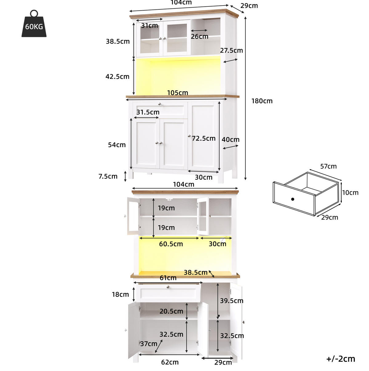 ANRICHTE 104/40/180 cm in Weiß mit LED-Beleuchtung und verstellbaren Böden - Weiß, Holzwerkstoff (104/180/40cm) - Flora Grace