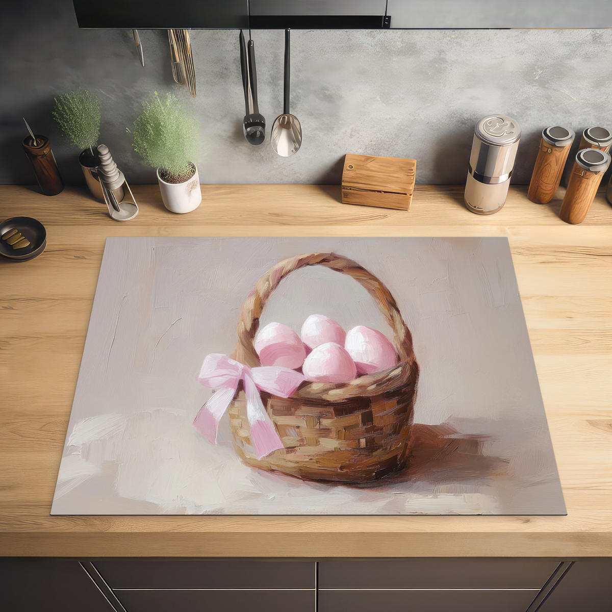 HERDABDECKPLATTE Korb - Eier - Rosa Induktionsmatte 77x59 cm - Beige, Kunststoff (77/59/0.2cm) - MuchoWow