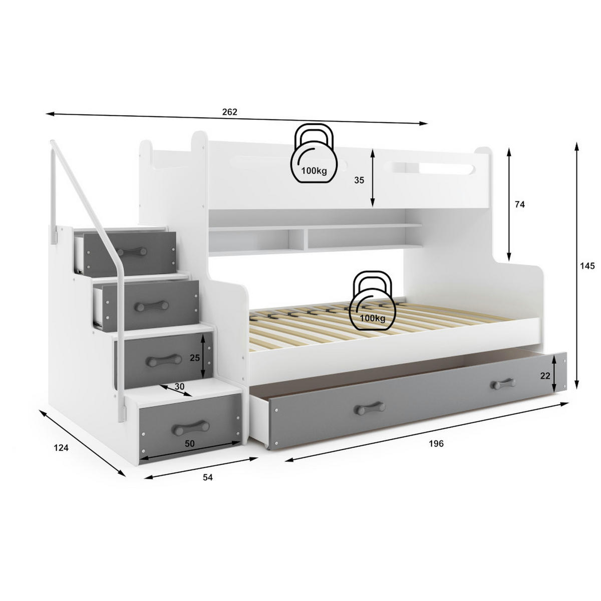 ETAGENBETT Max 3 200x80cm / 200x120cm mit Schublade und Lattenrost - Weiß/Grau, Holzwerkstoff (120/200cm) - Interbeds